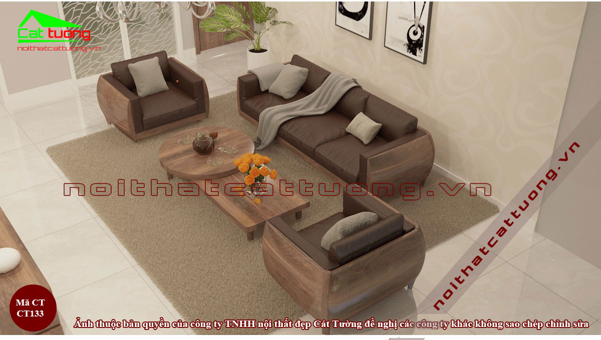 Sofa gỗ óc chó CT133 cho phòng khách nhỏ