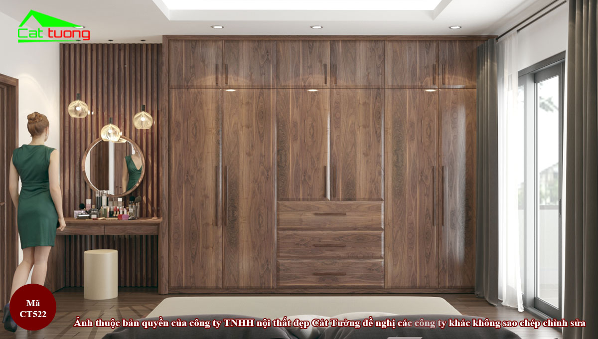 Thiết kế tủ quần áo gỗ óc chó CT522 cho nhà rộng